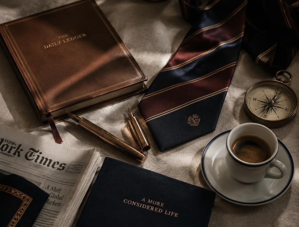 Leather ledger, gold pen, striped repp tie, brass compass and espresso on cream linen